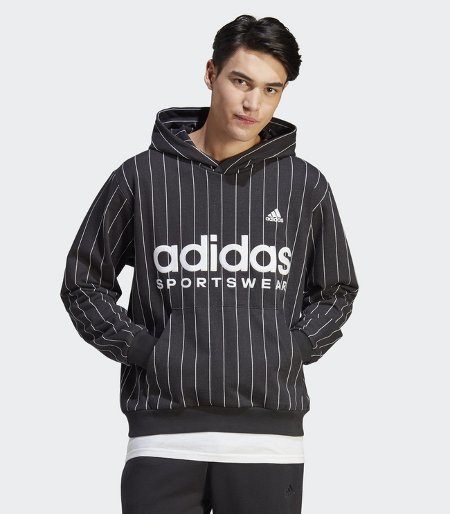 Adidas Pinstriped Black Hooded Tracksuit Black/White Fleece