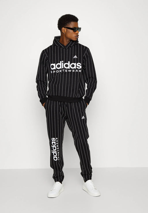 Adidas Pinstriped Black Hooded Tracksuit Black/White Fleece